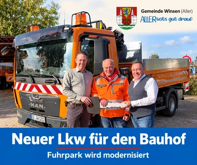Neuer Lkw für den Bauhof – Vorschaubild Grafik mit einem Foto von drei Männern vor einem orangefarbenen Lkw. Darunter der Text „Neuer Lkw für den Bauhof – Fuhrpark wird modernisiert“. Oben rechts das Logo der Gemeinde Winsen (Aller) mit dem Schriftzug „ALLERseits gut drauf“.