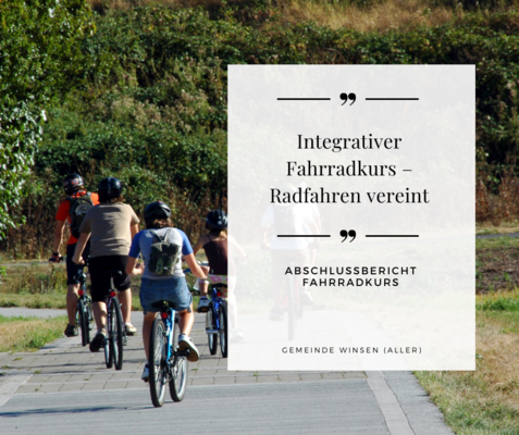 Integrativer Fahrradkurs – Radfahren vereint Gruppe radfahrender Personen, Text: Integrativer Fahrradkurs – Radfahren vereint.