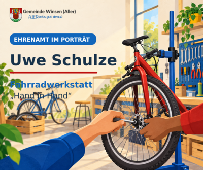 Ehrenamt im Porträt: Uwe Schulze, Fahrradwerkstatt Ehrenamt im Porträt: Uwe Schulze, Fahrradwerkstatt „Hand in Hand“. Illustration: Hände reparieren ein rotes Fahrrad in einer Werkstatt