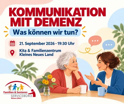 Kommunikation mit Demenz – Austausch Info-Grafik: Zwei Frauen sitzen bei Kaffee und diskutieren. Im Hintergrund Blumen. Veranstaltungshinweis: Kommunikation mit Demenz, 21. September 2026.