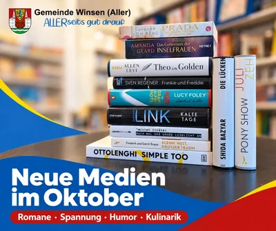 Neue Medien im Oktober – Vorschaubild Grafik der Gemeinde Winsen (Aller) mit Wappen und dem Slogan „ALLERseits gut drauf“. Text: „Neue Medien im Oktober. Romane, Spannung, Humor, Kulinarik.“ Im Hintergrund ein Stapel neuer Bücher vor Bücherregalen, daneben zwei aufrecht stehende Bücher.