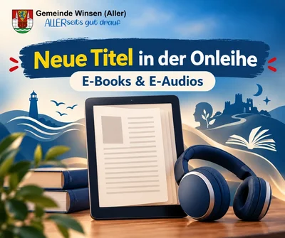 Neue Titel in der Onleihe: E-Books und E-Audios Neue Titel in der Onleihe, E-Books & E-Audios. Illustration: E-Book-Reader und Kopfhörer vor Büchern in einer blauen Landschaft mit Leuchtturm und Burg
