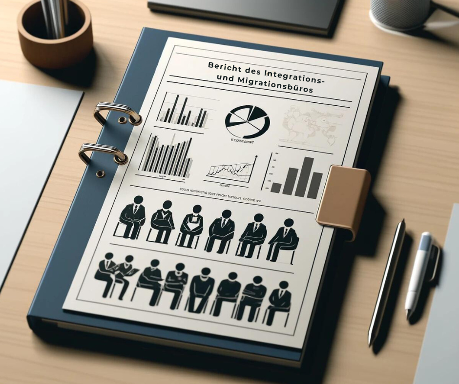 Bericht des Integrations- und Migrationsbüros Bericht des Integrations- und Migrationsbüros, Diagramme und Symbole von Menschen.